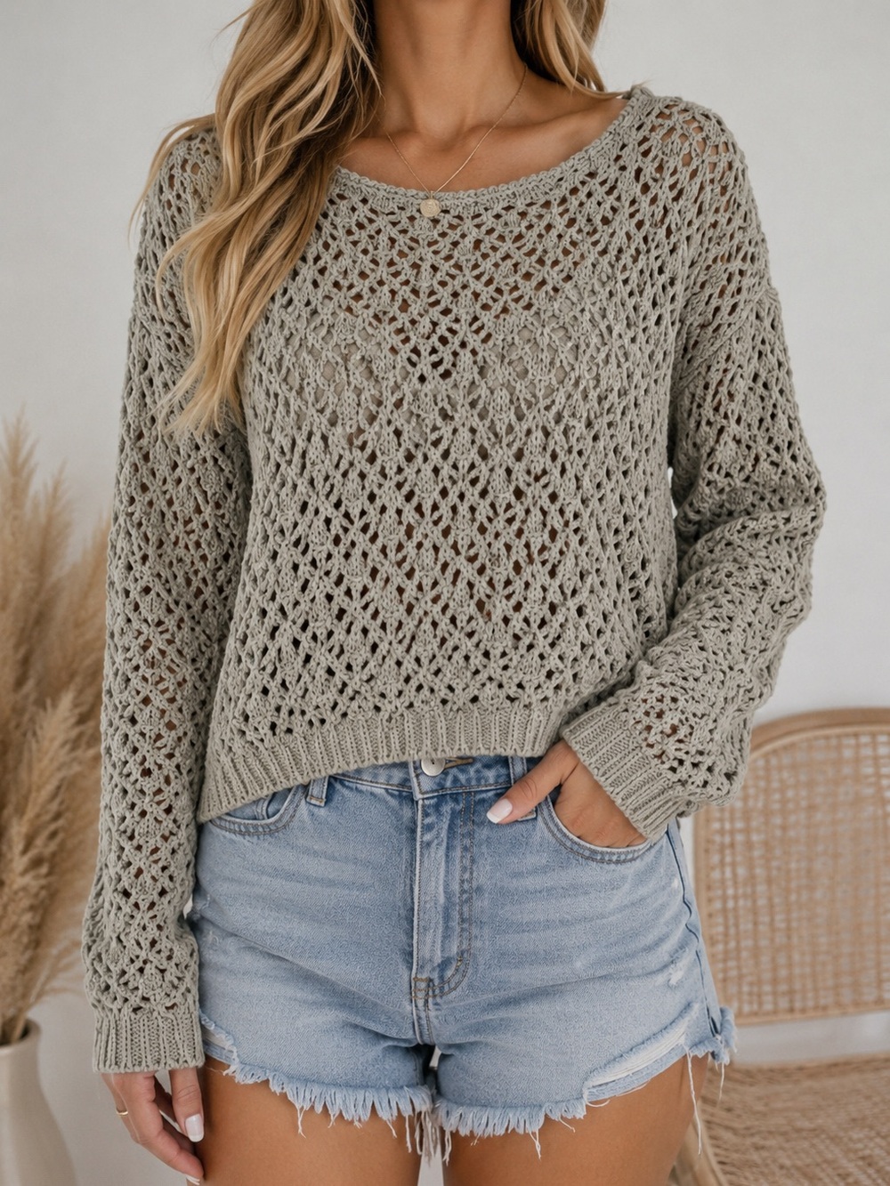 Moon & Maddison - Crocheted Sweater Top - Long Sleeve - Sage Light Green Medium